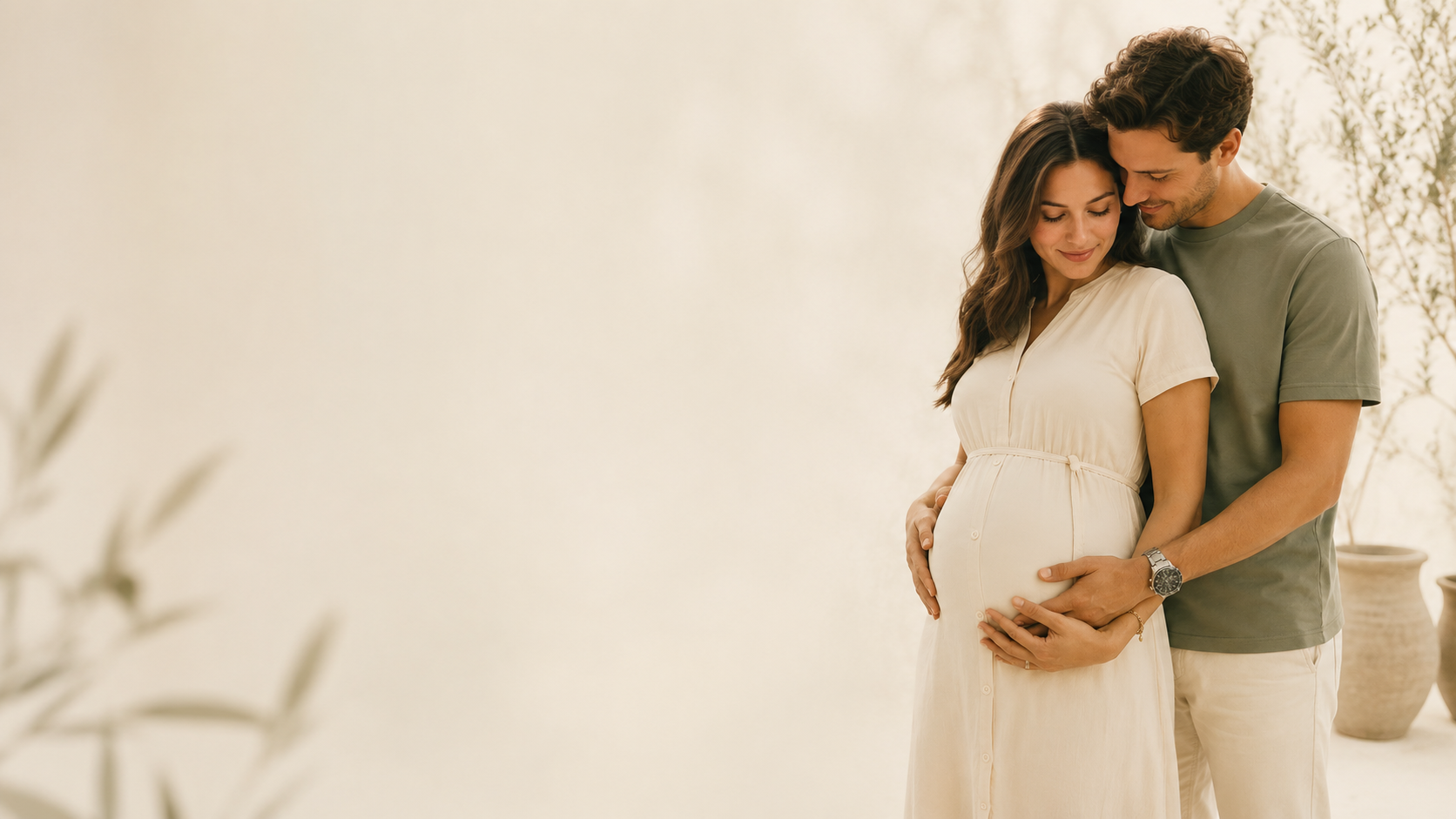 Expecting couple in a soft, bright interior